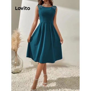 Lovito Casual Vestido Feminino Liso Drapeado LNE27095 (Azul/Preto)