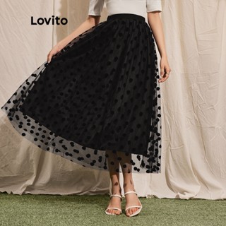 Lovito Elegante Polka Dot Folho Camadas Duplas Tecido Mesh Saia Feminina Cintura Alta L41LD020 (Preto)