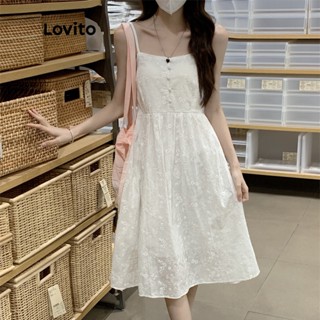 Lovito Vestido Midi A-Line de Manga Curta sem Mangas com Bordados em Eyelet para Mulheres LNE09196 (Branco)