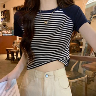 Lovito Casual Camiseta com Listras e Detalhes de Tecido para Mulheres LNE20129 (Azul Marinho)