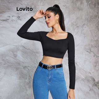 Lovito Camiseta Básica Crop de Tecido Liso para Mulheres LBE02074 (Preto)