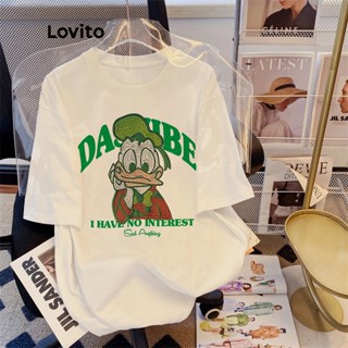 Lovito Camiseta com Desenhos Animados e Mangas Curtas para Mulheres LNA09298 (Branco)