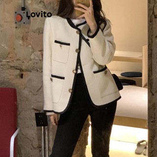Lovito Casual Jaqueta Feminina Lisa Colorblock com Bolso LNE29274 (Branco)