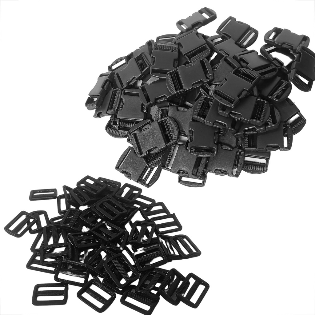 Kit Para Mochila 50 Fechos De Plásticos + 50 Reguladores Prendedores Regulador Engate Bolsas 25mm Fivela Engate Rápido Bag Bolsinha Pochete Mala Barracas Fecho De Bolsa