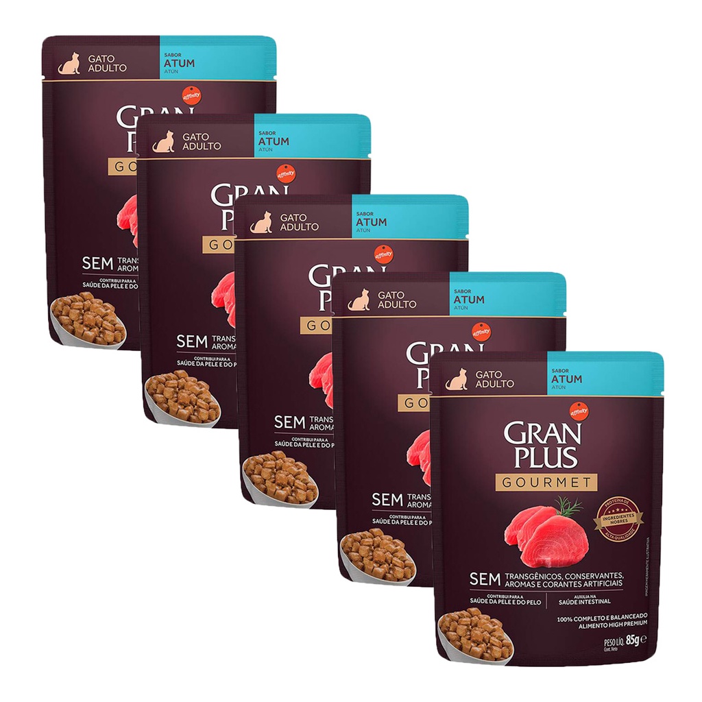 KIT 5 Ração Úmida Gran Plus Gourmet Gatos Adultos Atum Sachê 85g - Pets