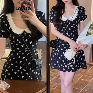 Lovito Vestido Casual Ditsy Floral Com Babados No Pescoço Padrão Para Mulheres LNA36031 (Preto)