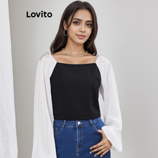 Lovito Casual Liso Blusa Feminina com Laço Colorblock L65ED010 (Preta e Branca)
