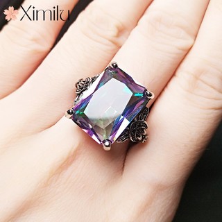 ♥ Anel Topázio Colorido Original Anel Arco-Íris Arco-Íris Diamante Ajustável Jóias Retangulares Femininas