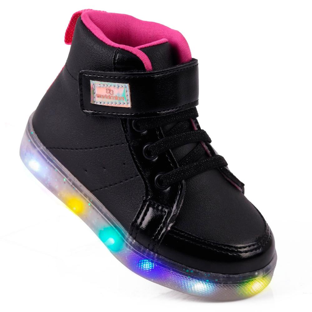 Tenis Infantil Feminino WorldColors Star Led - Preto/pink