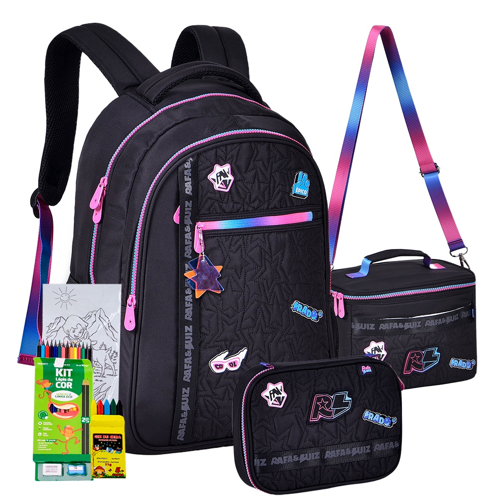 Kit Mochila Estojo Lancheira Costas Notebook Rafa e Luiz Chaveiro Youtuber Adolescente Meninas Lancamento