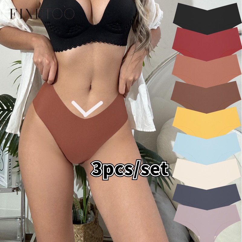 FINETOO Calcinha Sem Costura Para Mulher Com Design Em V , Roupa Íntima De Cintura Alta , Cor Sólida , Lingerie Popular em Oferta na Shopee