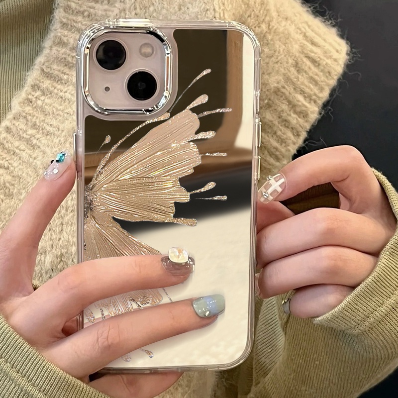 Capa Espelhada Borboleta Dourada Para iPhone 11 12 13 14 15 16 Pro Max Protetora Completa À Prova De Choque