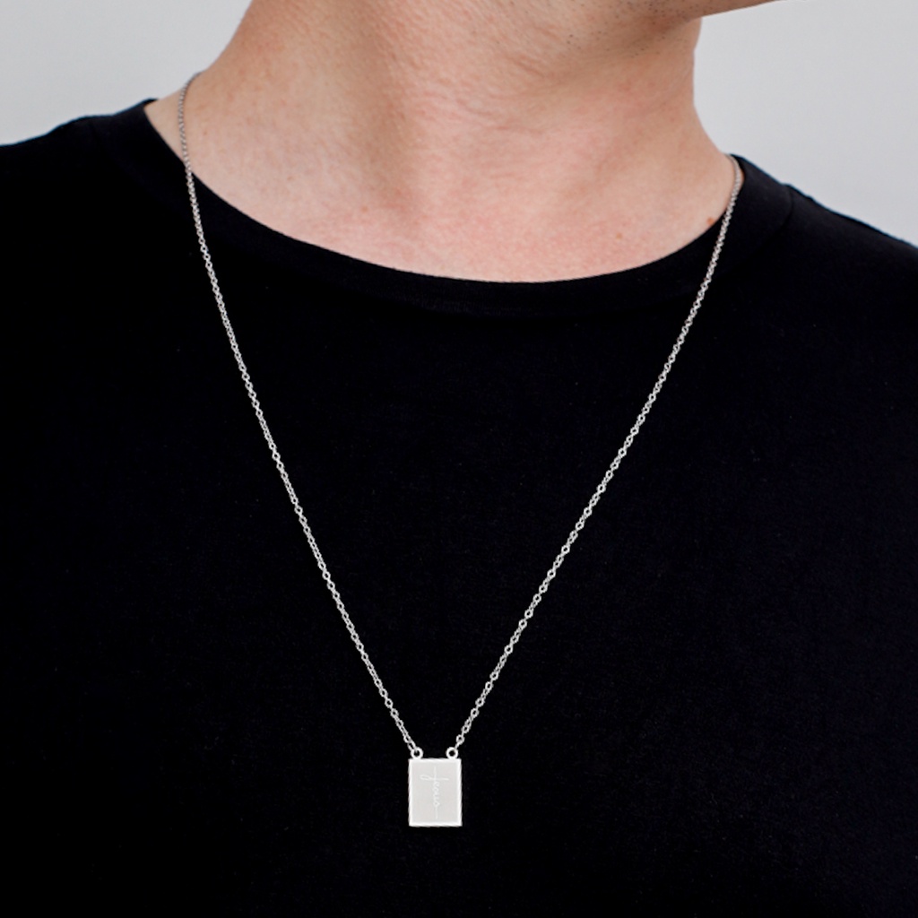 Colar Corrente Escapulário Em Aço Inox Masculino escrito Jesus e oração do Pai Nosso