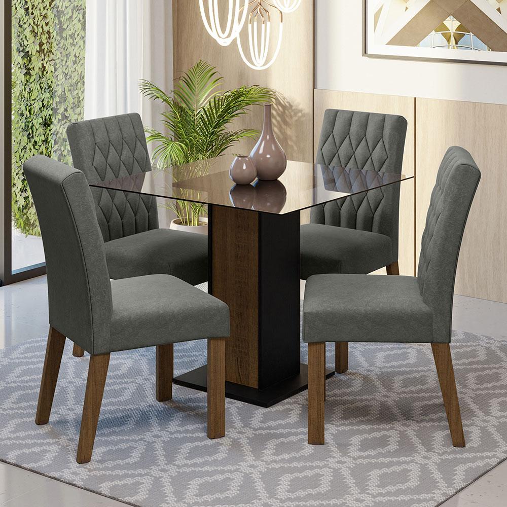 Conjunto Sala de Jantar Mesa Tampo de Vidro 4 Cadeiras Rustic/Preto/Silver Noemi Madesa - Home & Living