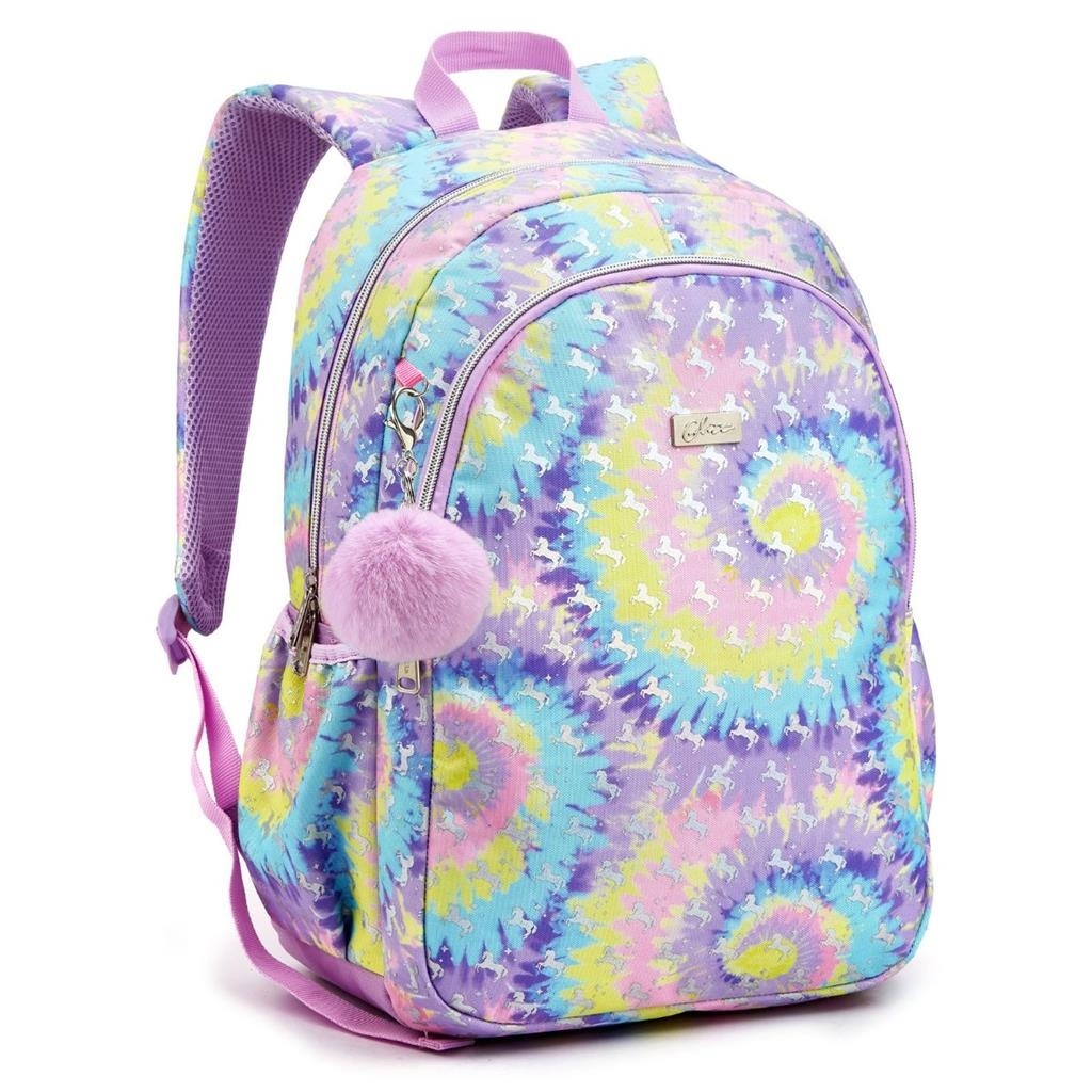 Mochila Costas Juvenil Feminina Tie Dye Chaveiro Roxo/Rosa
