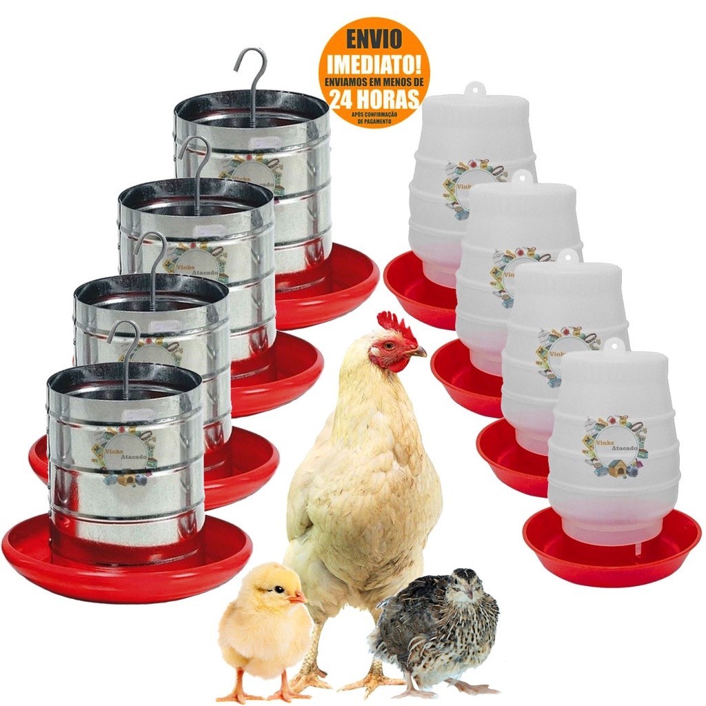 Kit 4 Comedouro Galvanizado Automático 3kg + 4 Bebedouro de Pendurar Automático Para Galinheiro Granja Frango Alimenta