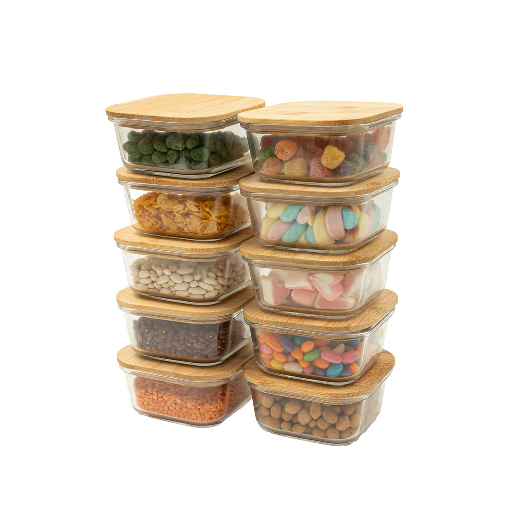 kit 10 potes de vidro 550ml com tampa de bambu hermético quadrados - Tud em Oferta na Shopee