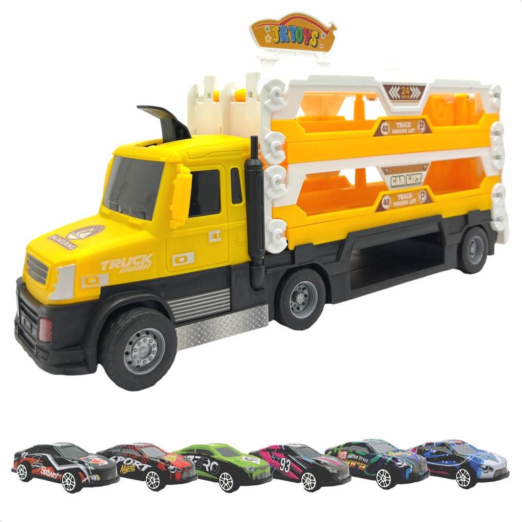 Caminhão Pista De Corrida Cegonha Brinquedo 6 Carrinhos Sortidos Carreta Grande