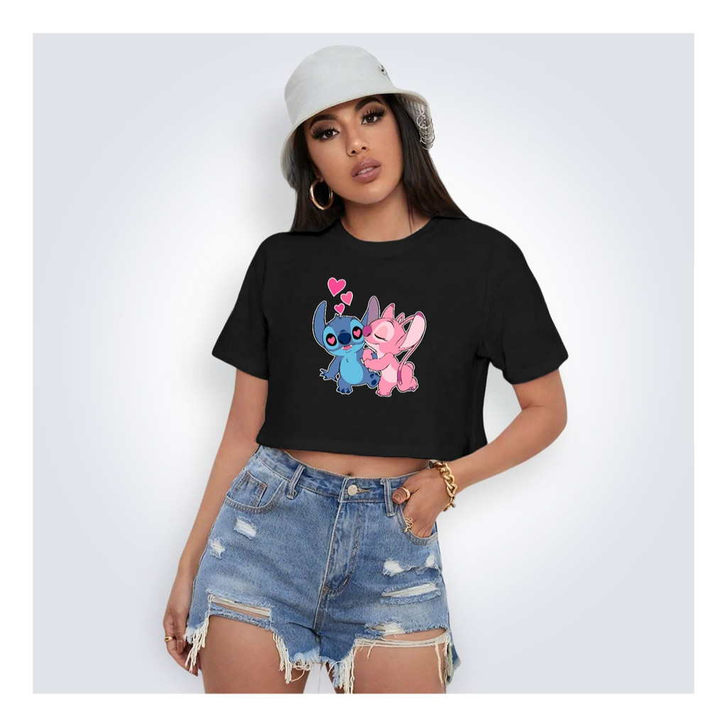 Cropped Sti-tch Amor Casal Malha Algodão Premium Gola R Crop Fashion Casual Envio Imediato