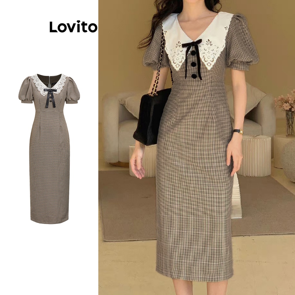 Lovito Casual Vestido Feminino Gingham de Renda com Laço e Botão L58AD092 (Marrom) - Women Clothes