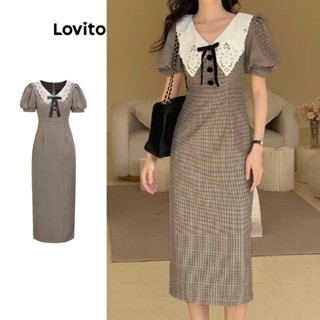 Lovito Casual Vestido Feminino Gingham de Renda com Laço e Botão L58AD092 (Marrom)