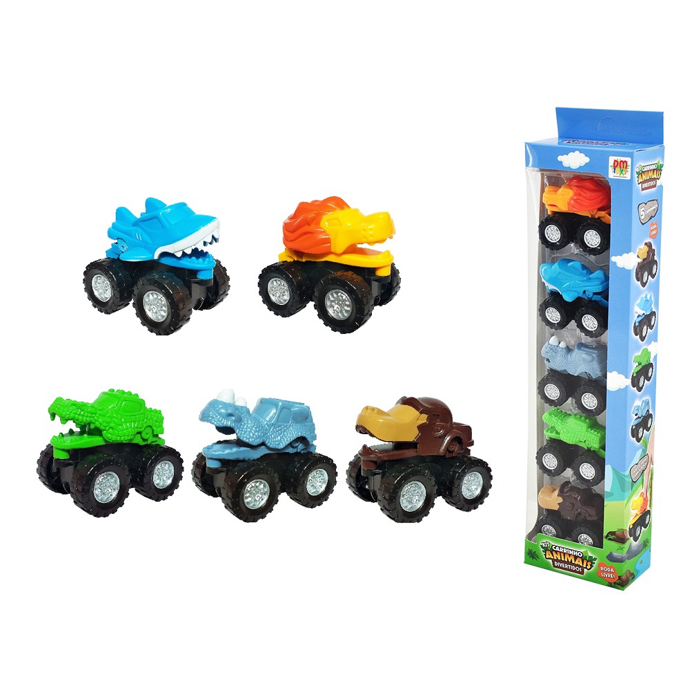 Kit com 5 Carrinhos Animais Ferozes e Divertidos com Roda Livre - Aperte para Abrir a Boca