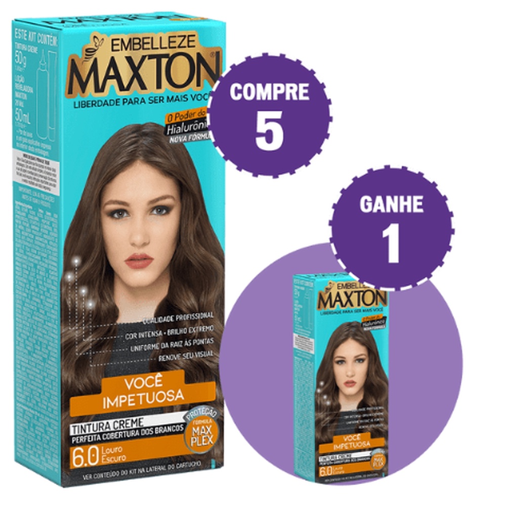 KIT COMPRE 5 TINTA DE CABELO MAXTON LOURA +IMPETUOSA LOURO ESCURO 6.0 E GANHE 1