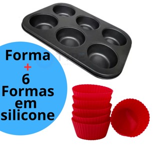 Assadeira Antiaderente Cupcake Teflon + 6 Forminhas Vermelhas de Silicone