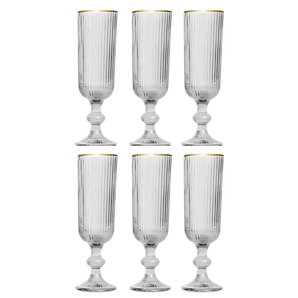 Jogo 6 Taças Champanhe Canelada Vidro  Borda Dourada 160ml Luxo - Home & Living