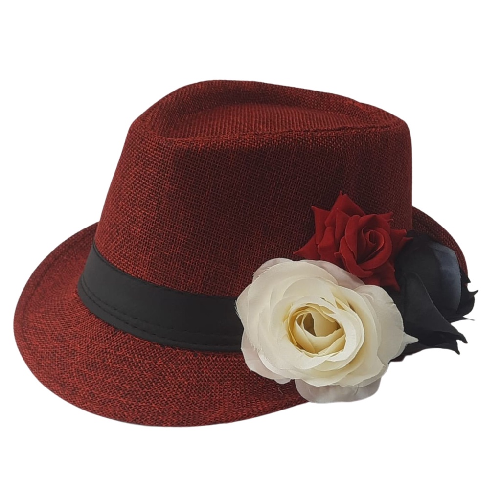 Chapeu Maria Navalha Malandra Vermelho com Rosa branca, rosa preta, rosa vermelha, Tricolor Umbanda
