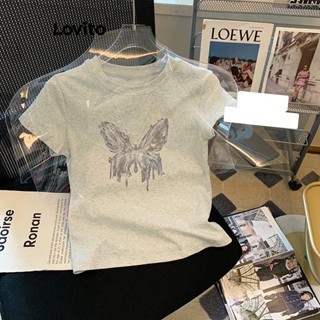 Lovito Casual Camiseta com Borboleta para Mulheres LNE20137 (Cinza Claro)