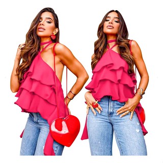 Regata Blusa Crepe Duna Babado 3 Marias Camada Tiras