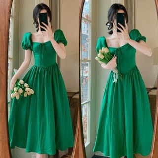 Manga De Bolha Verde Vestido De Pescoço Quadrado De Verão Novo Francês Suave E Fino