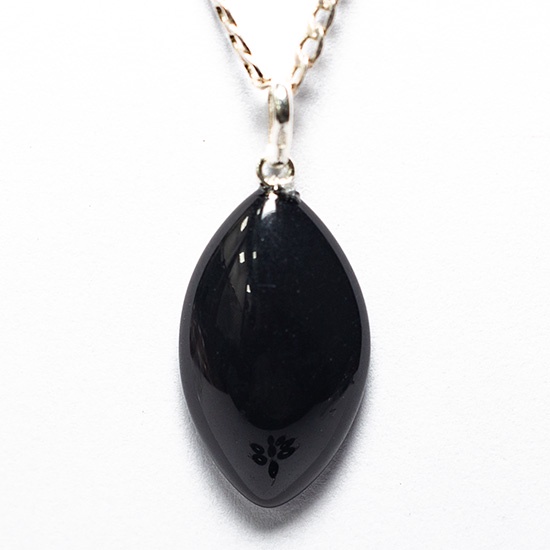 Colar Navete Obsidiana Negra Natural Montagem Pino Prata 950