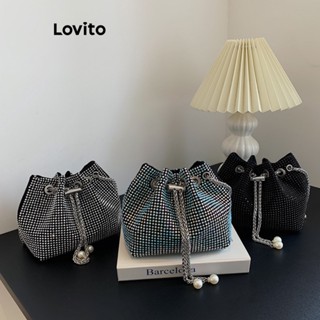 Lovito Bolsa de Balde com Cordão de Corrente e Pérolas de Cores Sólidas Casuais para Mulheres L60AD139 (Multi-Cor/Prata/Preto)