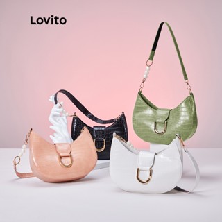 Lovito Bolsa Hobo Elegante Pele De Crocodilo Padrão com Detalhes de Metal Anel Fivela Pérola L30BA02 (Verde Claro/Branco/Rosa/Preto)