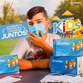 Máscara Infantil Fênix Azul Tripla Camada C/ 50 Unidades