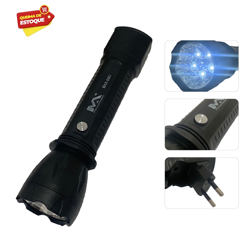 Lanterna Portátil com 4 Led's Recarregável Preta Max-2882