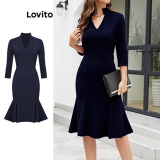 Lovito Elegante Vestido Feminino Liso Plissado L71ED245 (Azul Marinho)