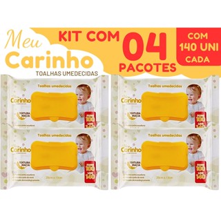 KIT COM 04 PACOTES DE LENÇO/TOALHAS UMEDECIDAS PARA BEBE MEU CARINHO C/140 UNIDADES CADA – PREMIUM