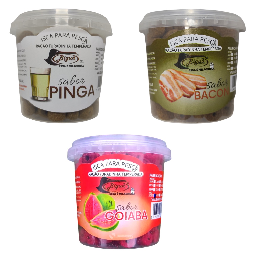 Kit 3 Potes Ração de Pesca Furadinha Diversos Sabores 90g Bigua