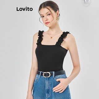 Lovito Casual Blusa Feminina Lisa com Babados L68ED250 (Preto)