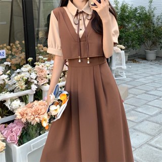 Vintage Academy Style Fake Two-piece Dress Vestido De Verão Feminino De Duas Peças Novo Pescoço Em Linha A Estilo Coreano
