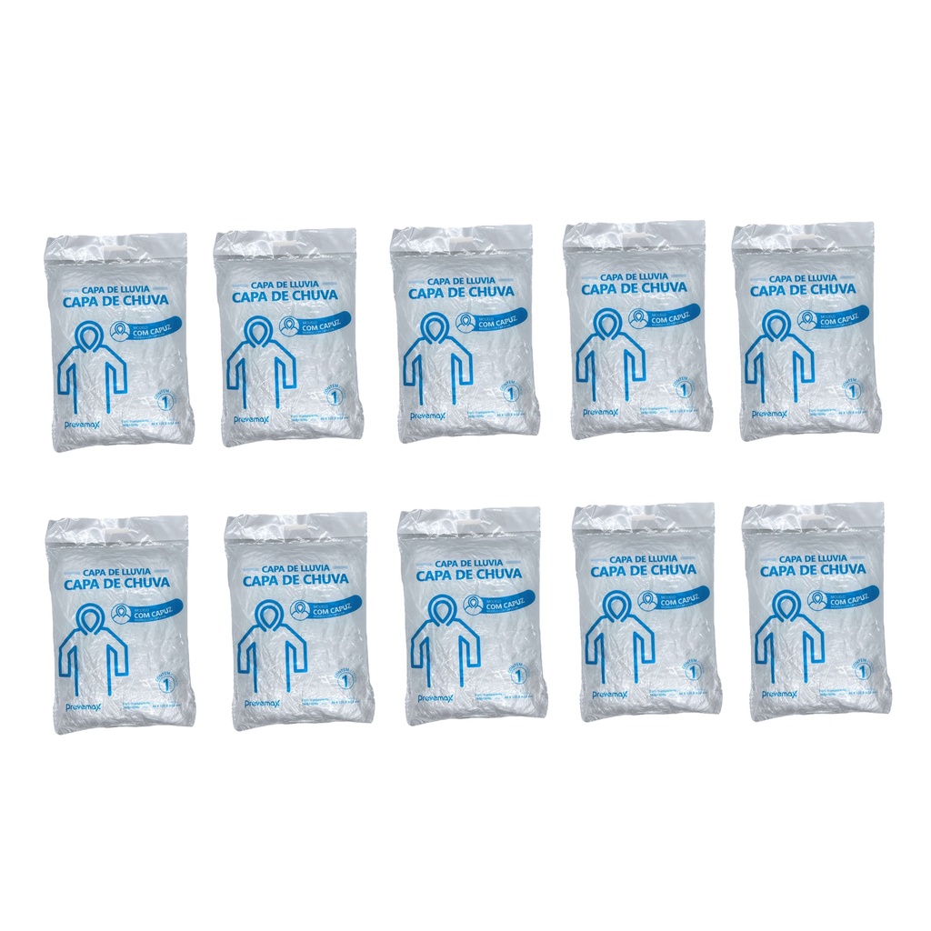 KIT 10 Capa de Chuva Transparente C/Capuz  S/Elástico no Punho - PREVEMAX