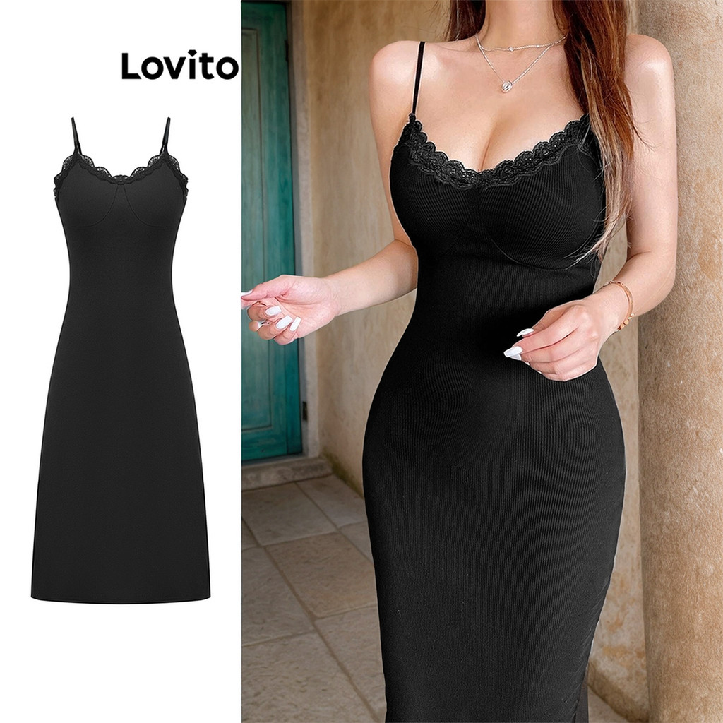 Lovito Vestido Sexy De Renda Lisa Com Alça Spaghtti Para Mulheres LBL20384 - Women Clothes