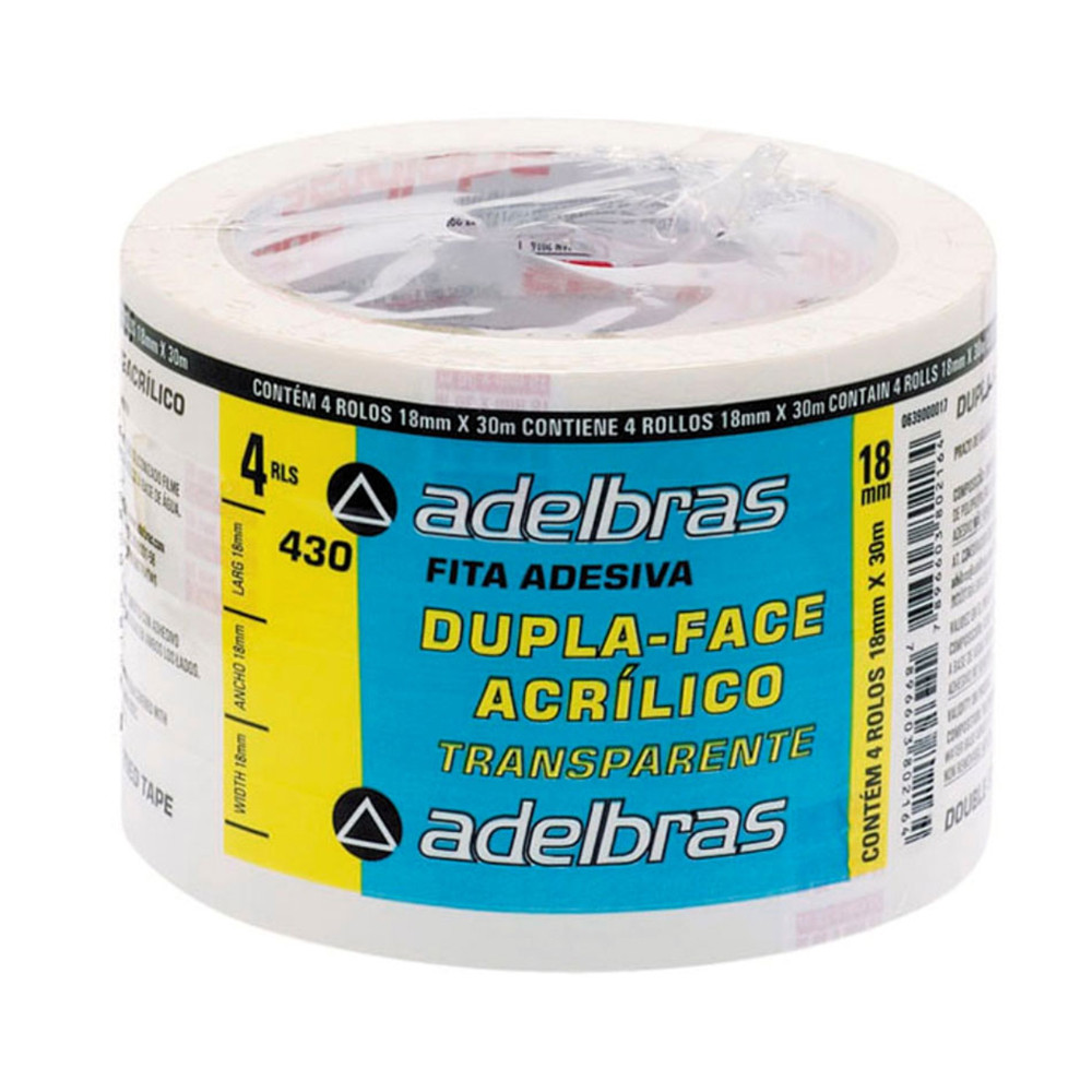 Fita dupla face PP 18mmx30m 430 adesivo acrílico com 4 rolos Adelbras - Stationery