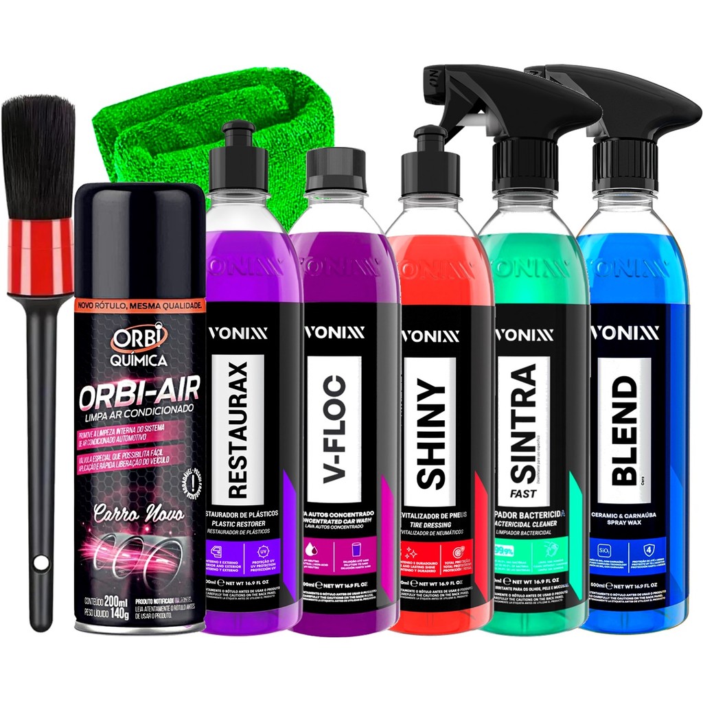 Kit Automotivo Vonixx Tok Final Sintra Fast Shiny V-Floc Restaurax Orbi Limpa Ar Carro Novo Pincel Toalha Karbox Oferta