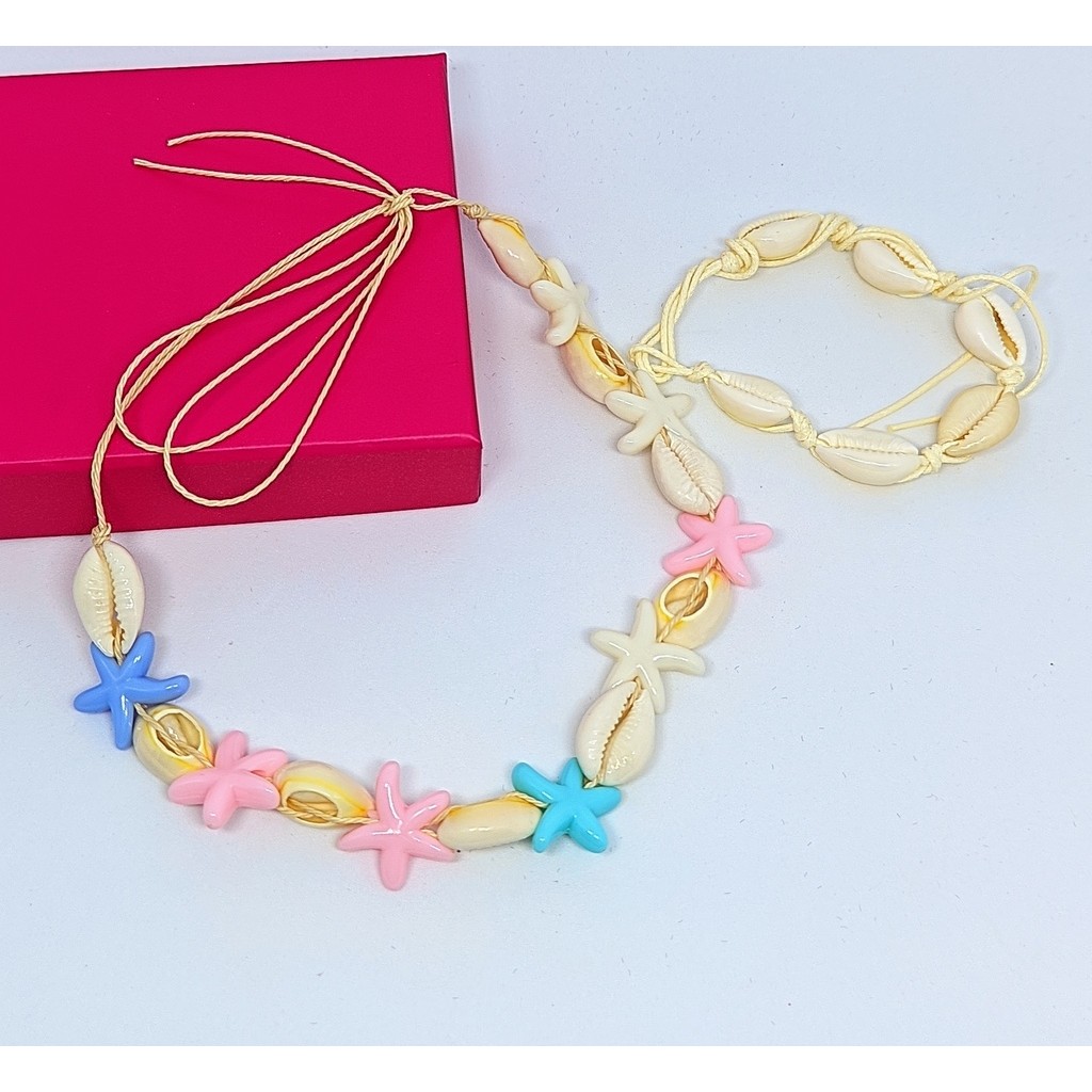 Kit Colar choker e Pulseira tornozeleira conchas buzios Estrela do mar colorida ajustável amarração Moda Praia verão