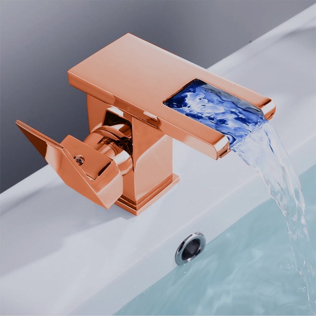 Torneira Para Banheiro Misturador Água Quente E Fria Monocomando Cascata Cuba Led Rosa Gold 9901m