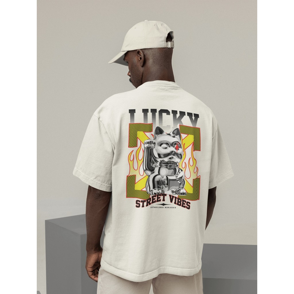 Camisa Camiseta Oversized Gola Alta Streetwear Masculino e Feminino 100% Algodão Preto e Off Whte Estampado - LUCK